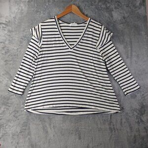 Jack by BB Dakota Women S Navy White stripes Soft rib knit Nautical V-Neck Top
